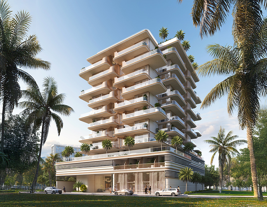 Properties A modern multi-story building surrounded by palm trees and a lush green landscape, showcasing elegant architecture.